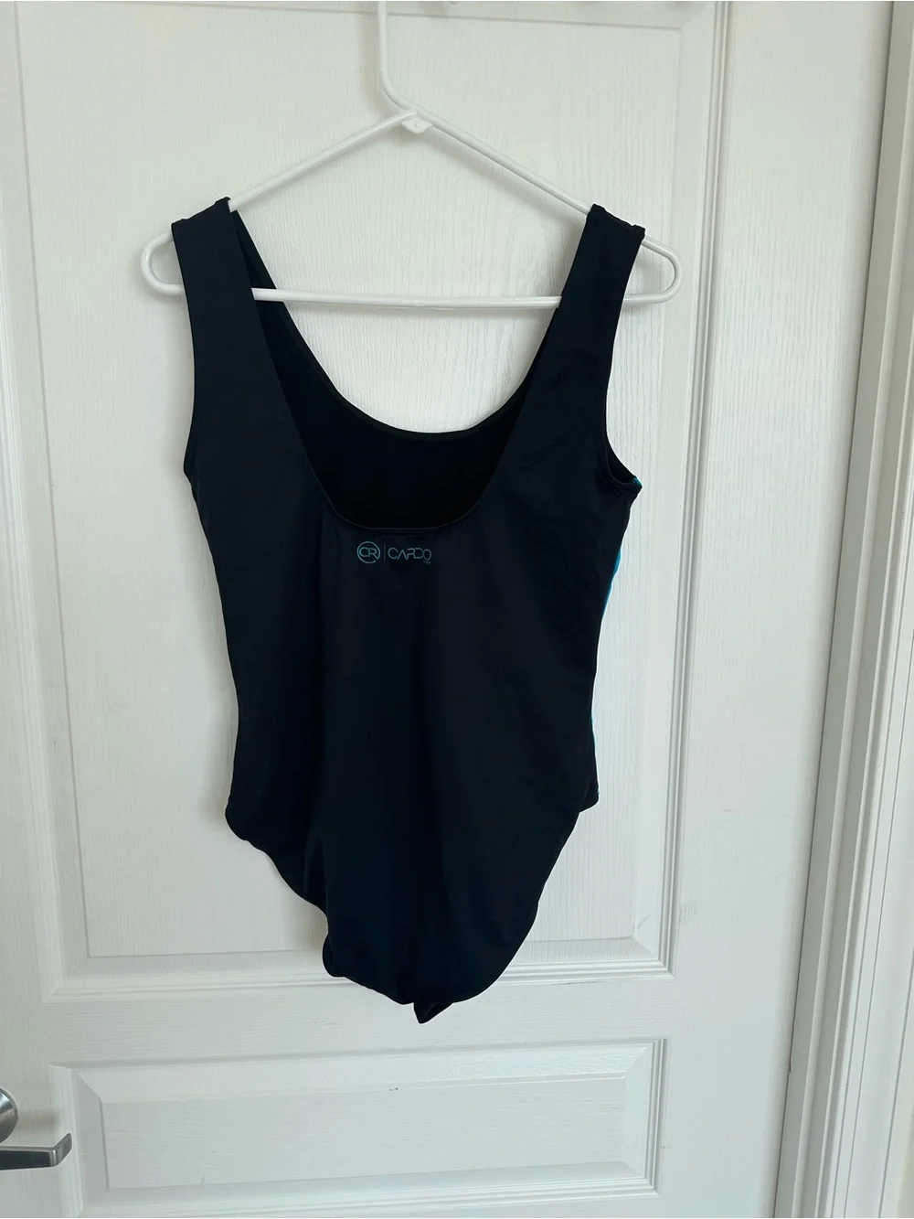 Women’s Black One-Piece Swimsuit with Blue Side Panels Size 10